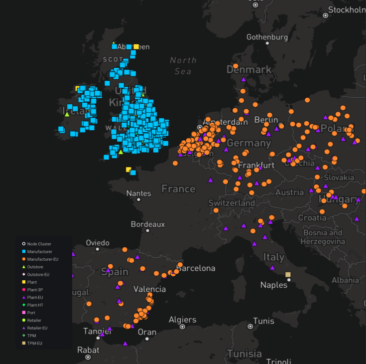 Map of Europe, showing multiple locations from a logistics network