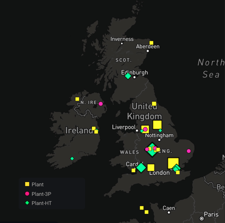 Map of Great Britain representing locations in a logistics network