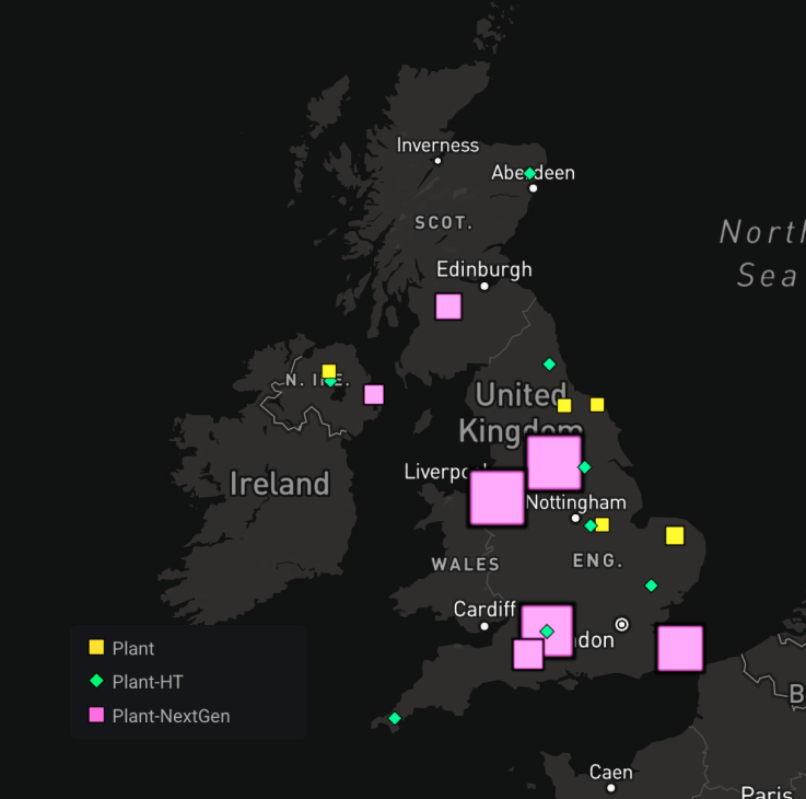 Map of Great Britain representing Next Gen Plant locations